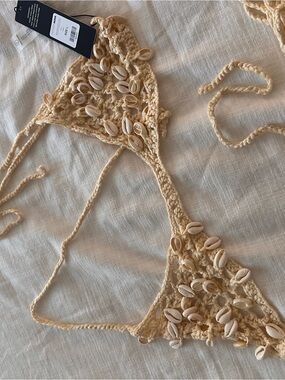 Fashion Nova Beige Crochet Shell Triangle Bikini Top